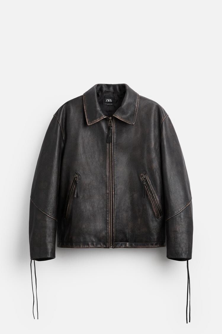 ZARA $619 Vintage Effect 100% Cow Leather Jacket Mens S/M Unisex