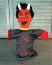 Vintage Red Devil Lucifer Satan Hand Puppet Rubber Head Realistic Hair Germany