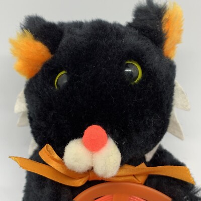 Vintage Halloween Plush Black Cat Woven Orange Candy Basket Acme