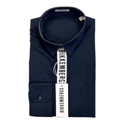 BIKKEMBERGS Herren Hemd Langarm Dunkel Blau Navy Blue 100% Baumwolle NEU ETIKETT