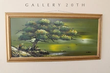 PANACHE! HUGE MID CENTURY TREE PAINTING! ORIG ART VTG 50S ISLAND SEASCAPE