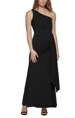 vince camuto black evening dress VINCE CAMUTO US S 4 Black Stretch Crystal Collar Shirred Formal Gown Maxi Dress