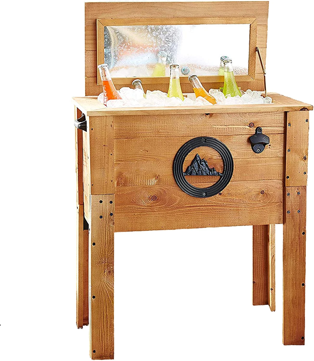 Insulated Wooden Beverage Cooler 45 Qt Drinks Chiller Outdoor Patio Rustic Brown