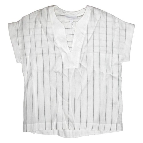 Womens White Stripe Notch Neck Linen 