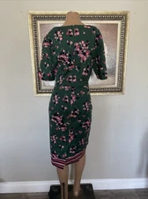 Boden Green Pink Floral Tulip Career Shift Dress Linen Textured Cotton US 14