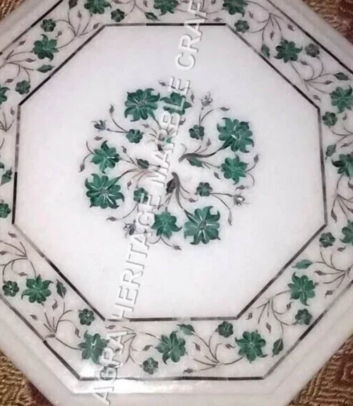 12" White Marble Console Coffee Table Top Malachite Inlay Floral Art Decor E1137 - Image 3 of 4