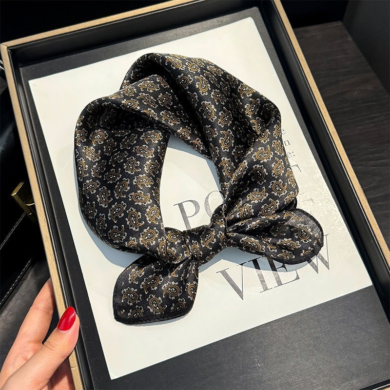 100% Silk Scarf Women Black Golden Paisley Kerchief Square Bandana Wrap 53*53cm