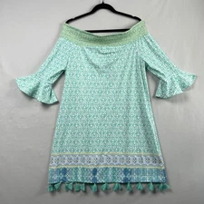 Cabana Life Off Shoulder Dress XL 50+ UPF Tulip Sleeve Tassel Coastal Preppy
