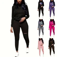 Women's 2Pcs Outfits Casual Long Sleeve TopRipped Pant Set Distressed Loungewear