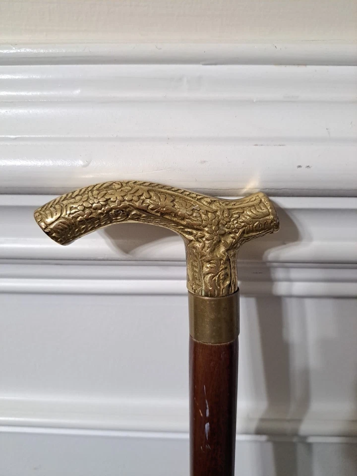 Vintage Brass Handle Cane Walking Stick With Secret Hidden Tube Compartment  - Image 2 of 4