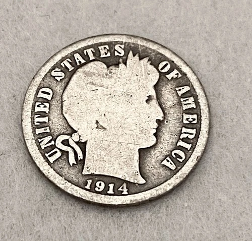 US Coin 1914 D Barber Liberty Silver Dime WWI Era