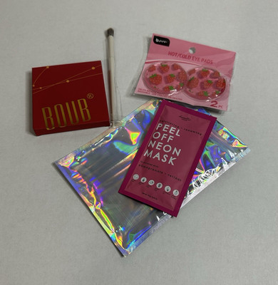 BOMB Pressed Powder Eyeshadow Palette, face mask, eye pads, brush