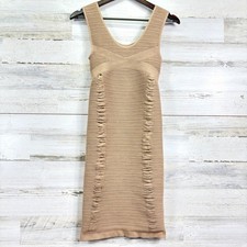 AURA Women's Textured Knit Sleeveless Bodycon Dress L/XL Tan Ribbed Ruched