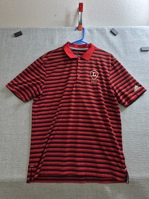 Adidas Golf Polo Shirt Men Medium Red Multi Horizontal Striped Cross Logo Tennis