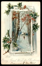 Postcard Winter Scene, Person Walking to House, Holly Border, Christmas Wish