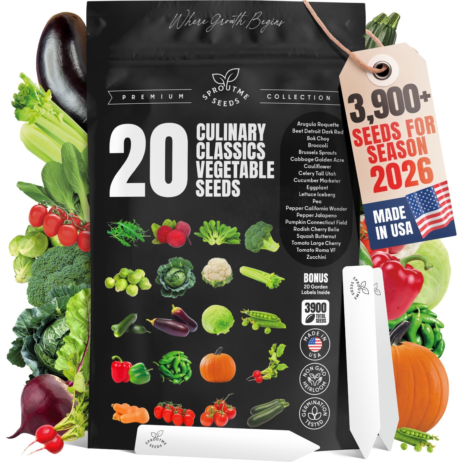Vegetable Seed Variety Pack: 20 Heirloom Non-GMO Seeds with 