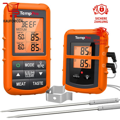 Digital Funk Bratenthermometer 150m Reichweite Wireless 2 Temperaturfühler BBQ