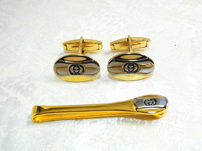 美品 GUCCI OLD オールドグッチ タイピン バー クリップGGロゴ 2 Vintage Gucci Cufflinks & Tie Bar Clip Pin set GG Logo Gold Black