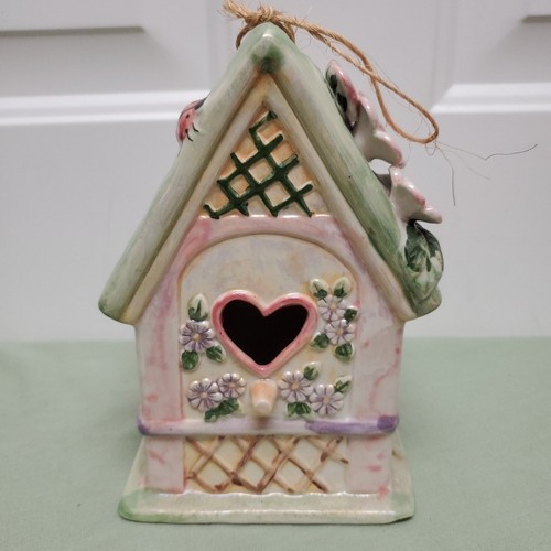 Vtg Lusterware Hanging Ceramic Bird House Heart Opening 3D Flower Ladybug 7.5in 