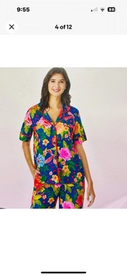 Pajama Set Women s Button Up Top Room Service Bright Floral Size Small NWT