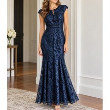 ⭐️ R&M Richards Womens Peacock Black Lace Gown Sz 6 Formal Evening Dress Wedding