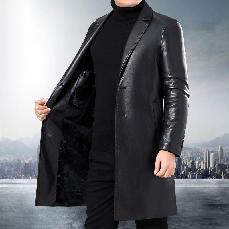 Leather Trench Burberry Overcoat Men Black Leather Jacket Long