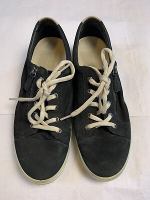 Ecco Shoes Womens 12 Black Soft 7 Sneakers Leather Lace Up Side Zip Comfort