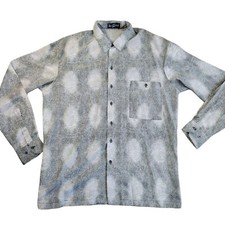 Vintage Alan Stuart Shirt Mens Large Gray Geometric Polyester Button Up Staining