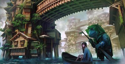 Anime girls fantasy city boat art CCG Gaming Mat Desk
