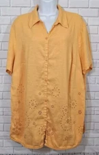 Avenue Womens Linen Blend Shirt Plus 22/24 Embroidered Button Up Beach Summer