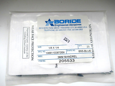 25QTY Boride 205533 STANDARD MOUNTED POINTS 3MM, 1/8 x 1/4, B55-Blue SEALED NEW