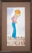 Beautiful Vintage Watercolor Painting of Child Atop Fence, Signed Ginger Johnson