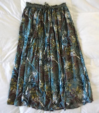 Vintage Sz M Olive Green Hawaiian Print Midi Skirt Floral Tropical Cotton India