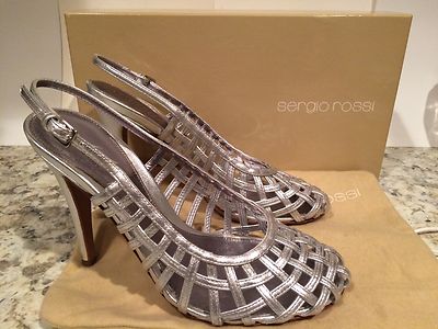 Sergio Rossi Sandals Pumps Slingback Heel Leather Cage Silver 37.5