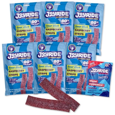 Blue Raspberry Sour Strips - 3.5 oz 6-Pack Bundle with 2.5oz Glacial Peppermint