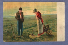 Postcard Man And Woman Farmers Looking Over Harvest On Field With Wheelbarrow
