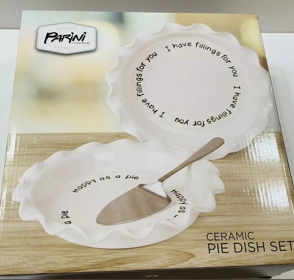 Parini White 2 Piece Ceramic Pie Dish Set with pie server utensil ~ New, sealed.