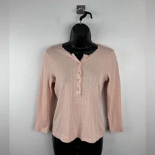 Dôen Women Eyelet Trim Ribbed Henley Top Long Sleeve Feminine Cottagecore Size M