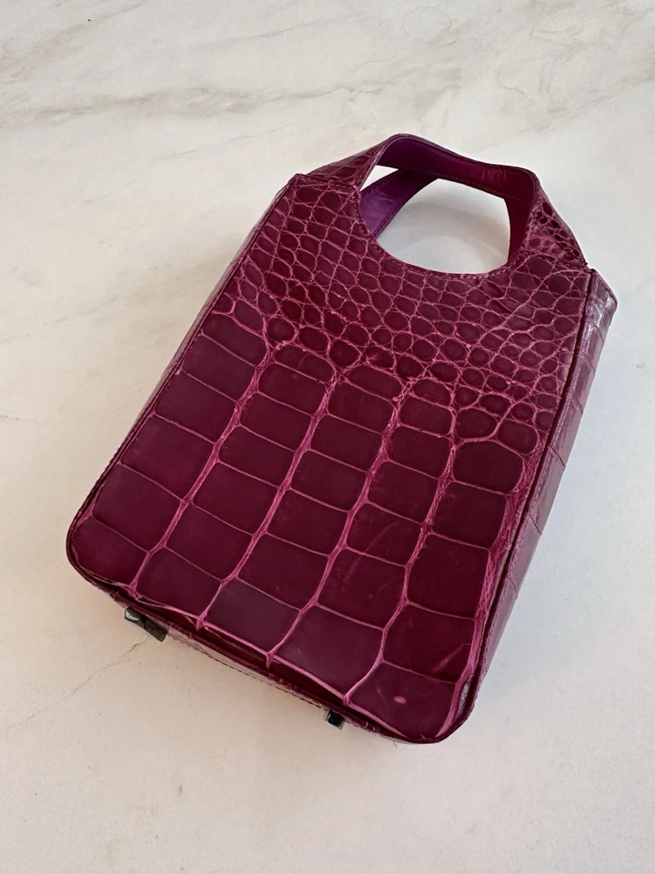 Bolso de Mano Carlos Falchi Mujer Cuero Cocodrilo Caimán Genuino Rosa Púrpura Foto 4 de 4