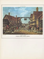 1974 Vintage HUNTING "HERTFORDSHIRE, VILLAGE SCENERY HOUNDS MEETING" Lithograph