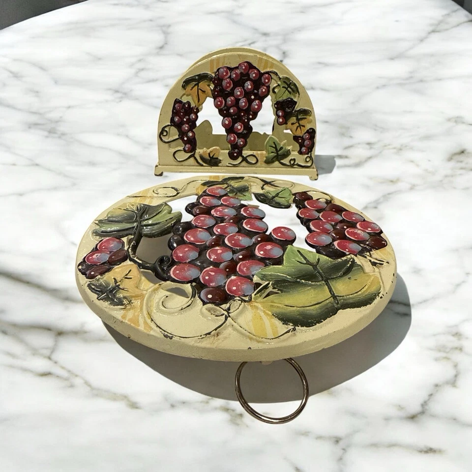 Cast Iron Trivet Round Pot Grapevine Grapes Hand Painted + Napkin Holder Setof 2 - Image 2 of 4