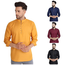Men's Short Straight Kurta Shirt Cotton Ethnic Bollywood Buttondown Casual Dress