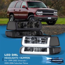 For 99-02 Chevy Silverado Tahoe Led Drl Smoke Headlights Bumper Assembly Lamps