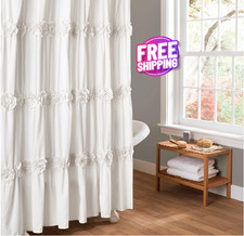 Gorgeous Fabric Rosette Shower Curtain Elegant White Ruched Clean, 72 x 72