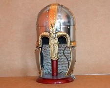 Generic Medieval Knight Viking Brass Helmet Chain Mail Armor Replica w/ Wooden