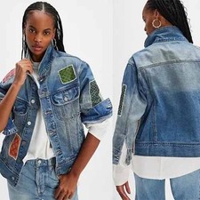 Found Kantha Patchwork Denim Collared Neckline Trucker Button Jacket Blue Size:S