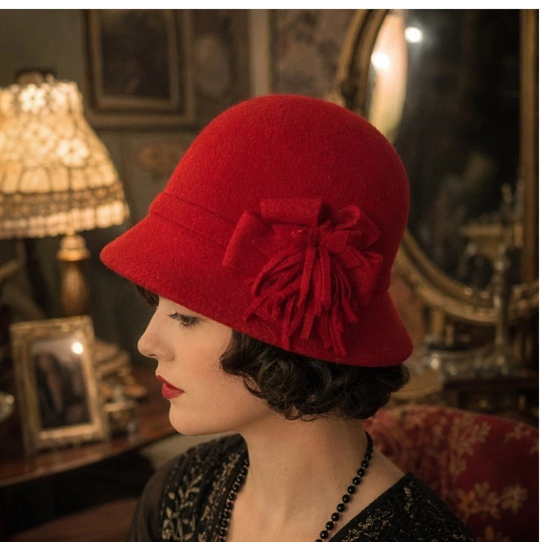 Vintage Red Wool Cloche Hat Black Ribbon Bow 1920s Style Made in USA Retro Chic Vintage Red Wool Cloche Hat With Black Ribbon Bow for Women  main image 4