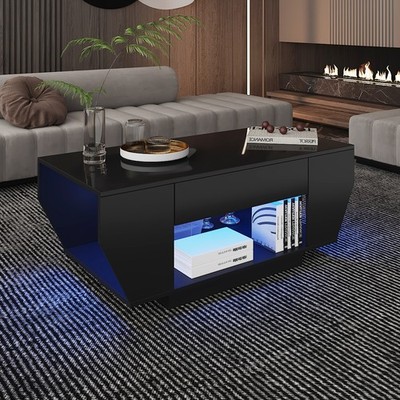 Modern 42-Inch High Glossy LED Coffee Table – Wooden Living Room Table With 2 Drawers, White/Gloss