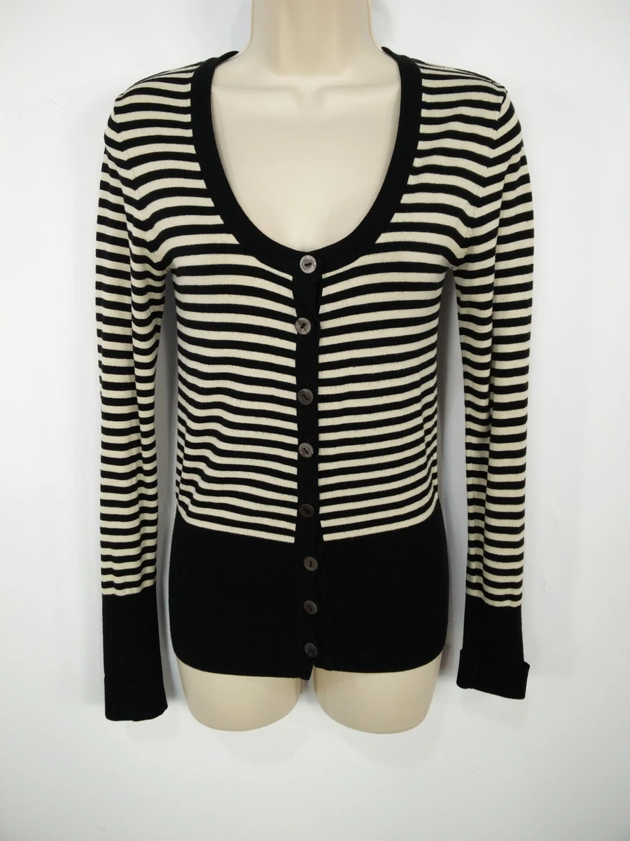 WOMENS H M UK SIZE 6 BLACK SREAM STRIPED BUTTON UP CARDIGAN