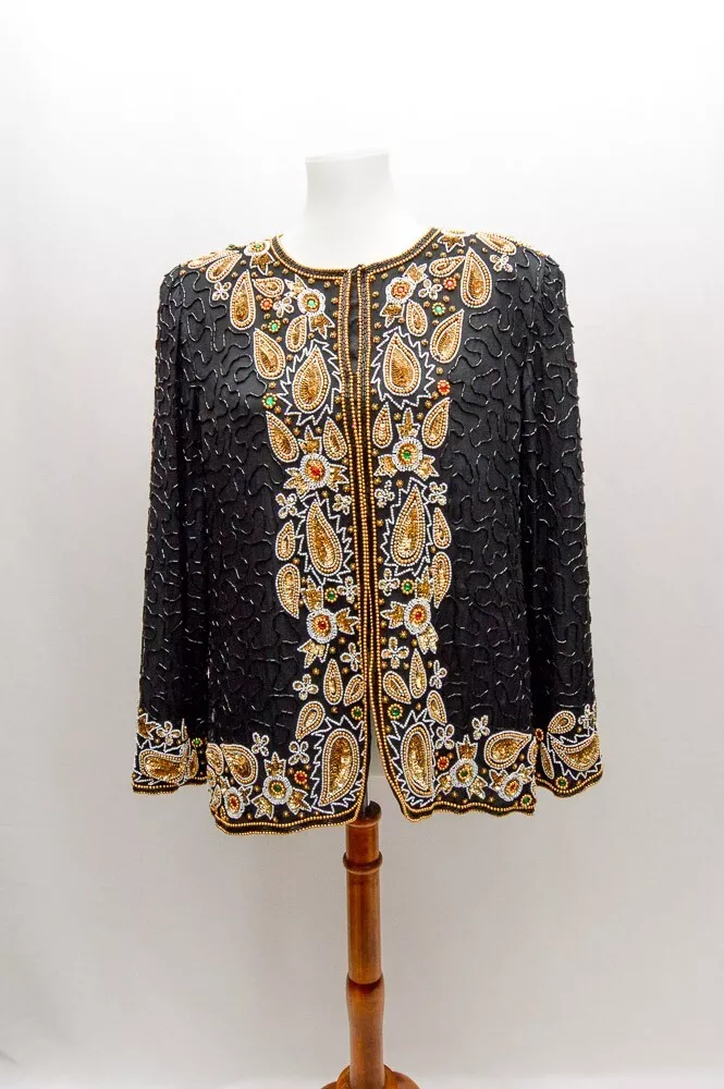 Vintage Lawrence Kazar womens beaded jacket black gold long sleeves M 80s
